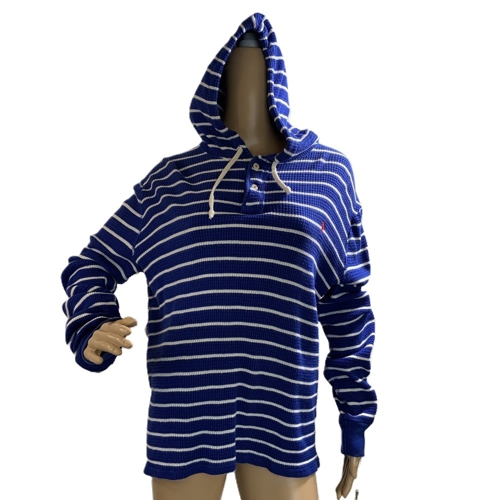 Polo By Ralph Lauren Blue White Striped Drawstring Hoodie Size Med Preppy Grunge